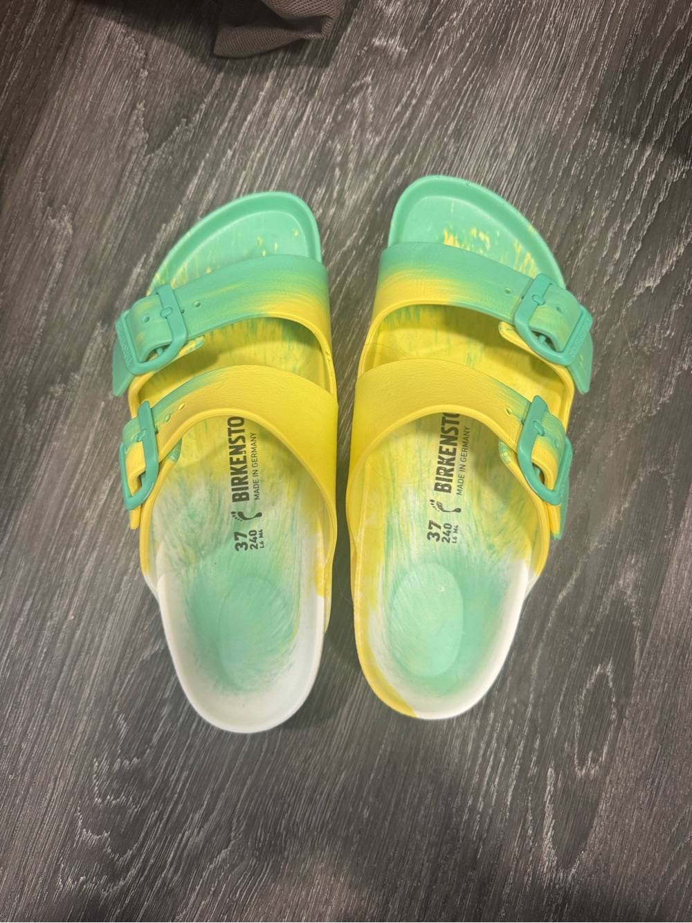 Birkenstock Yellow & Mint Green Two-Strap Slide Sandals